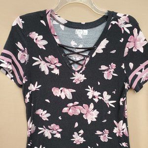 Black with Pink Floral V-neck blouse